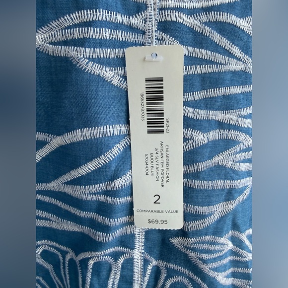 Chico’s Artisan Embroidered Floral Popover Top Blue Size 2 - Picture 3 of 5